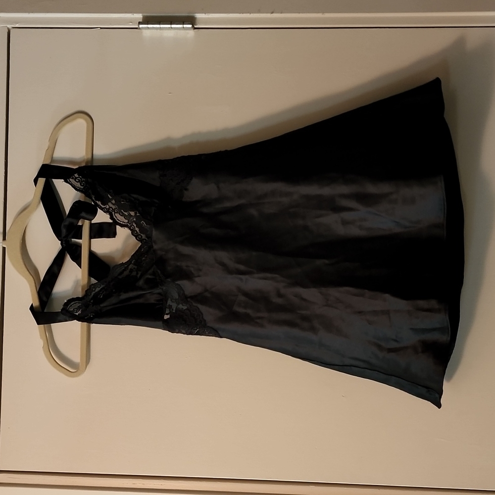 Black satin halter slip with black lace trim